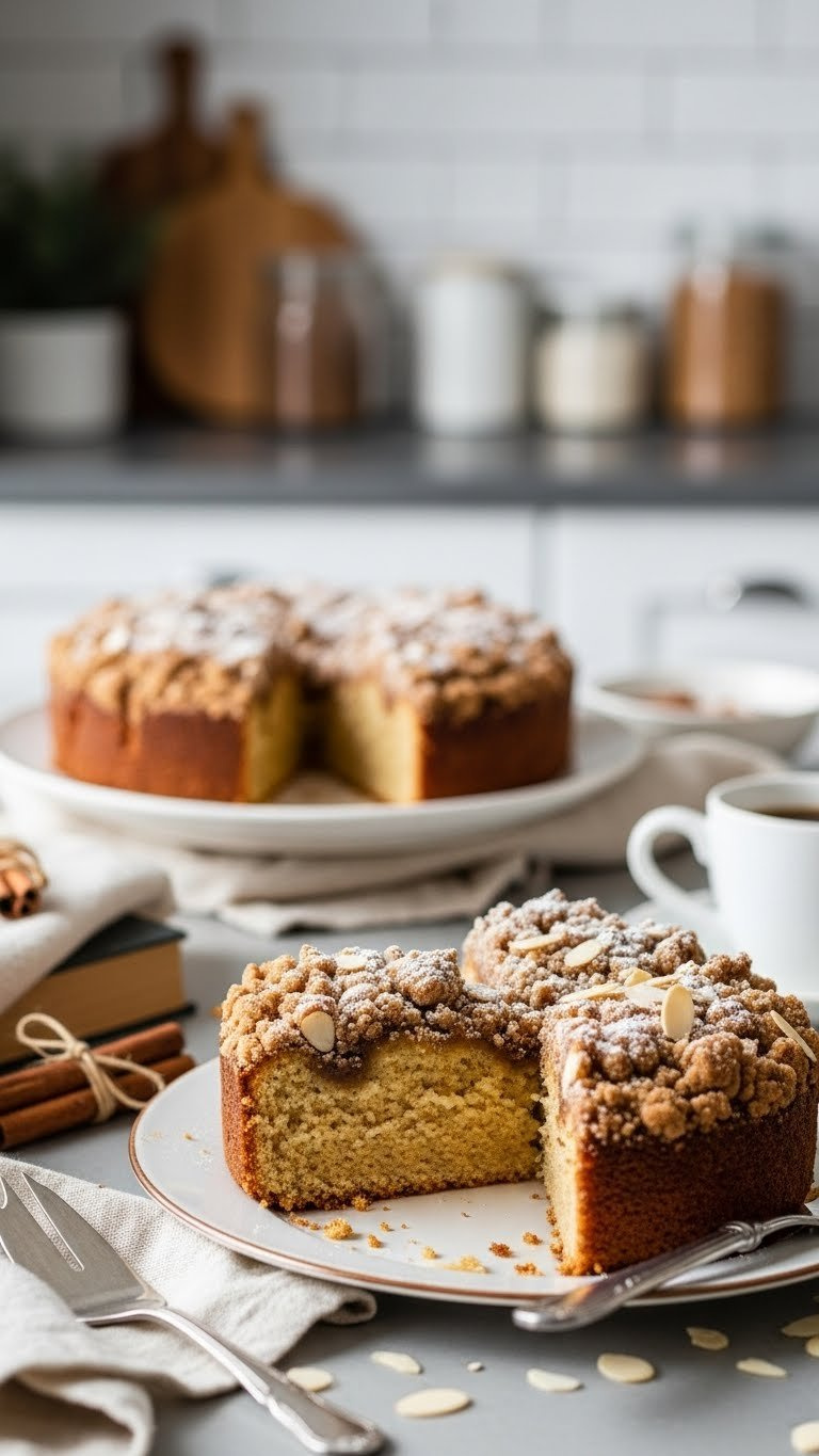 Freshly Baked Trim Healthy Mama S Coffee Cake With Moist Crumb Texture And Buttery Streusel Topping On Vintage Ceramic Plate