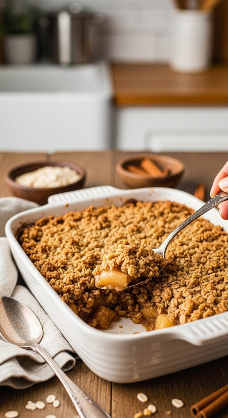 Freshly Baked Apple Crisp In A Rustic White Dish With Golden-Brown Oat Topping. Spoon Revealing Bubbling Apple Filling On A Wooden Table.