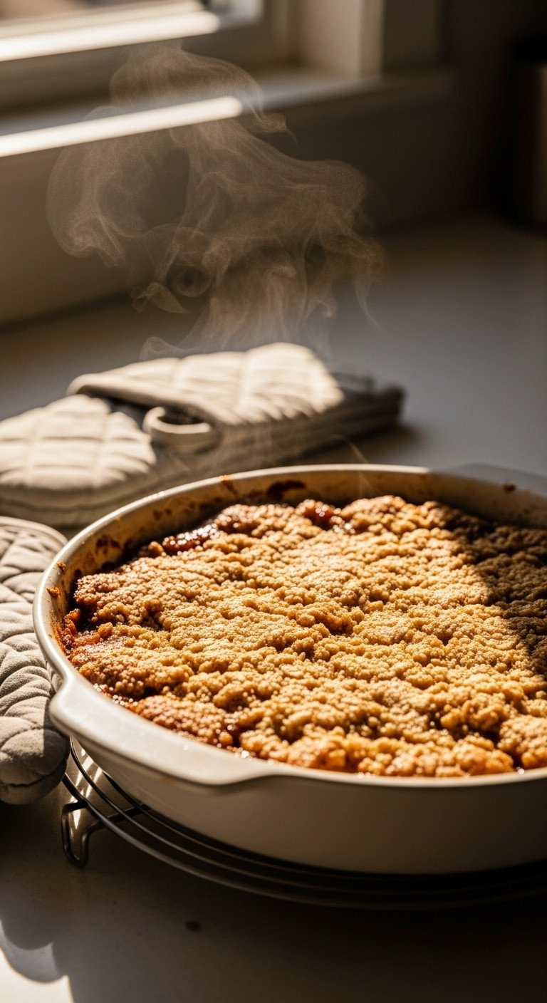 Freshly Baked Apple Crisp In A White Ceramic Dish, Just Out Of The Oven, With Golden-Brown Crust And Bubbling Apple Juices. Steam Rises.