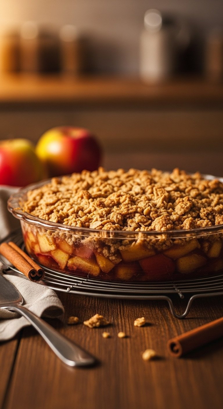 Freshly Baked Apple Crisp With Bubbling Juices &Amp; Golden Crust On A Cooling Rack, With A Cinnamon Stick &Amp; Napkin.