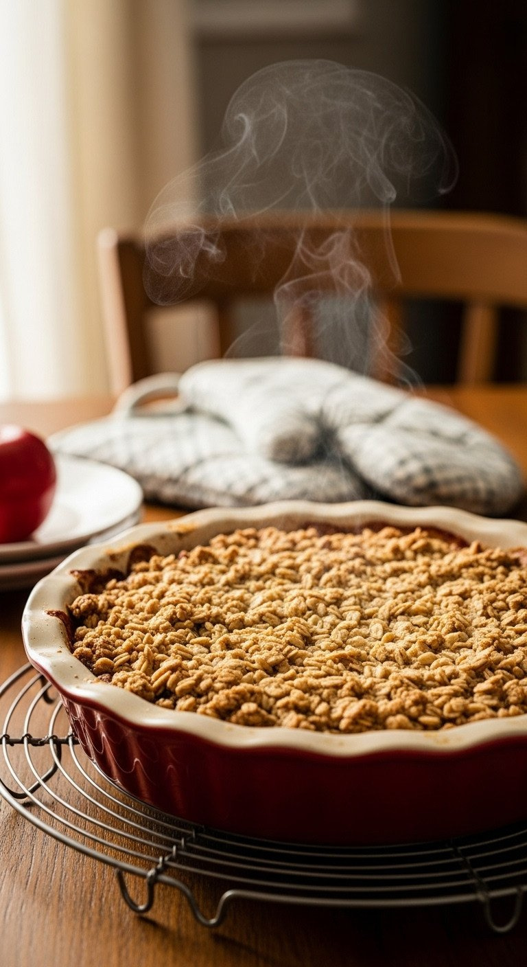 Freshly Baked Apple Crisp With Golden-Brown Oat Topping And Bubbly Fruit In Ceramic Dish On Cooling Rack. Warm Dessert.