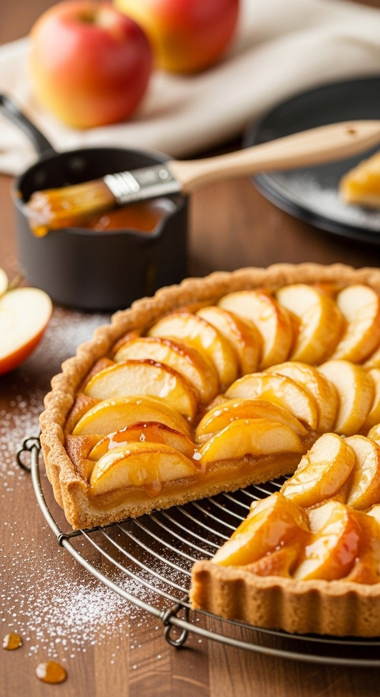 Freshly Baked Apple Tart With Glossy Apricot Glaze, Golden Brown, Cooling On A Wire Rack With Jam And Pastry Brush.