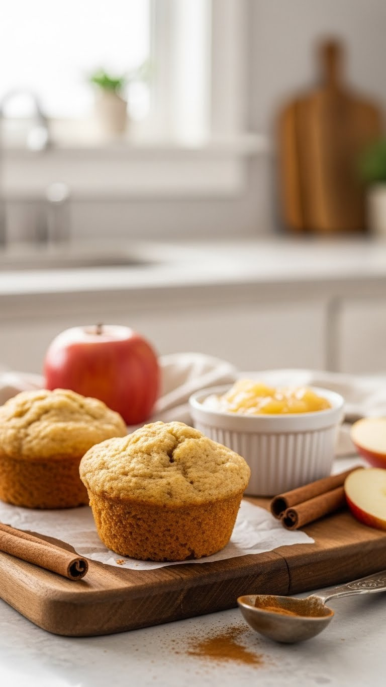 Freshly Baked Applesauce Muffin With Tender Crumb On Rustic Wooden Board, Featuring Cinnamon Sprinkle And Ceramic Bowl Background.
