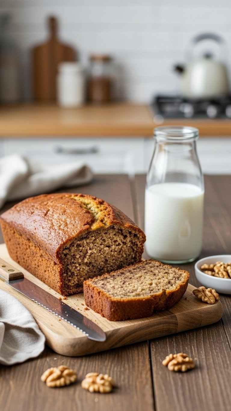 Freshly Baked Banana Bread Slice Pulled Away Revealing Moist Interior On Wooden Cutting Board With Milk Glass