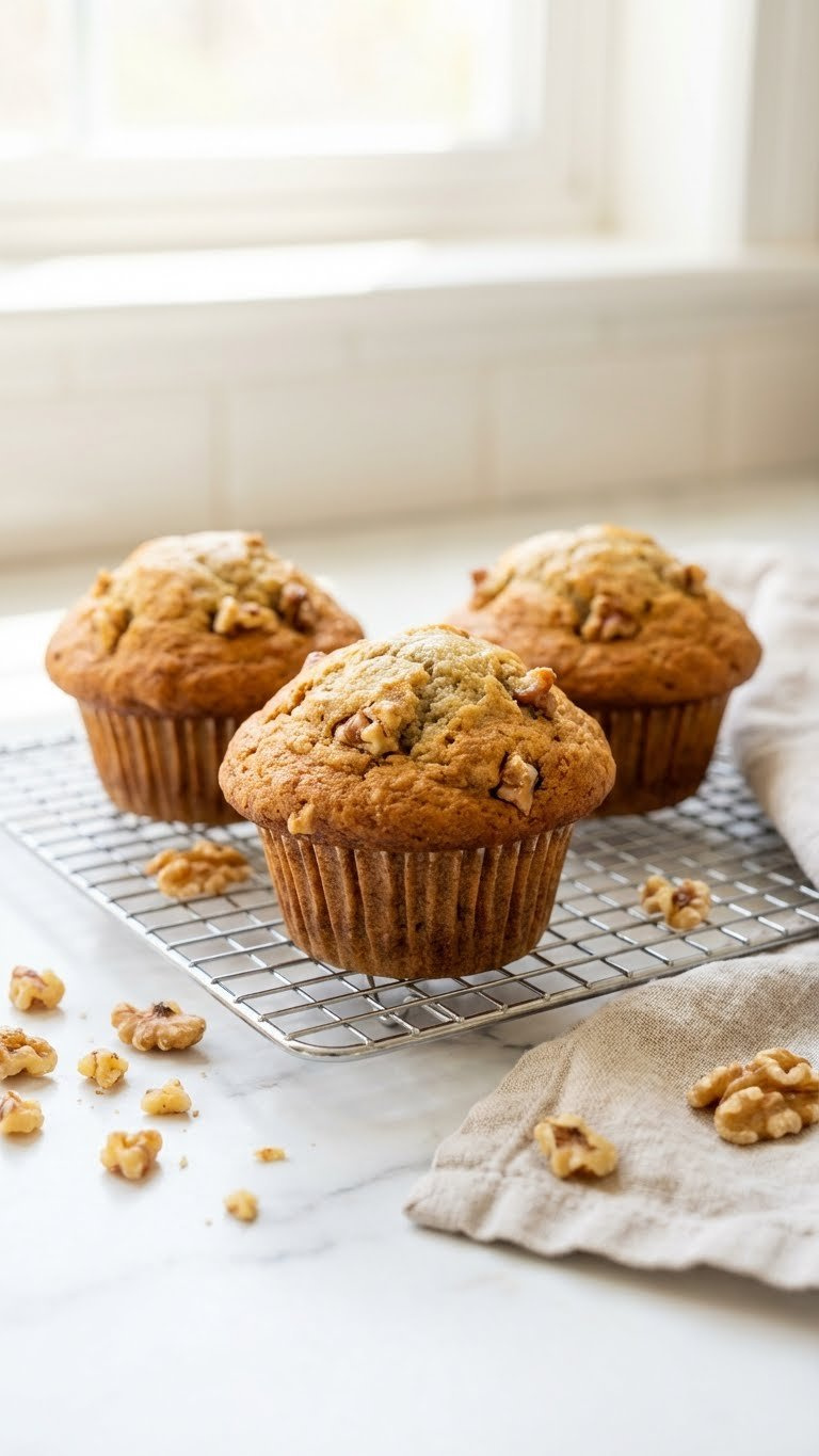 Freshly Baked Banana Nut Muffins With Tall Domed Tops On A Metal Cooling Rack. Bright Kitchen Setting With Scattered Walnuts.