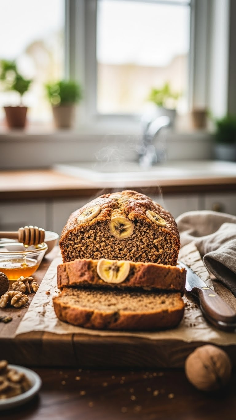 Freshly Baked Banana Protein Bread Loaf Sliced To Reveal Moist Crumb With Walnuts On Rustic Cutting Board