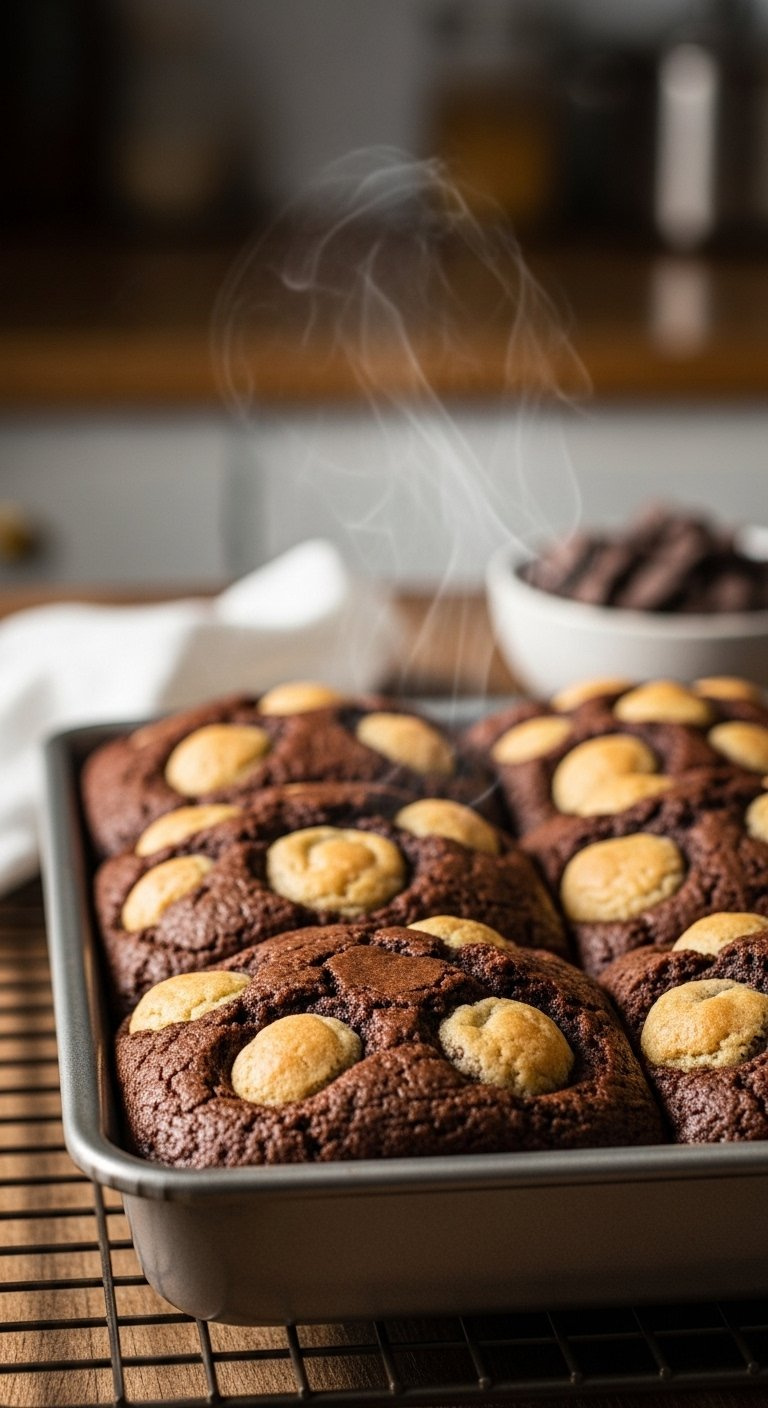 Freshly Baked Brown Butter Brookies With A Crackly Top In A Metal Pan On A Wooden Rack.