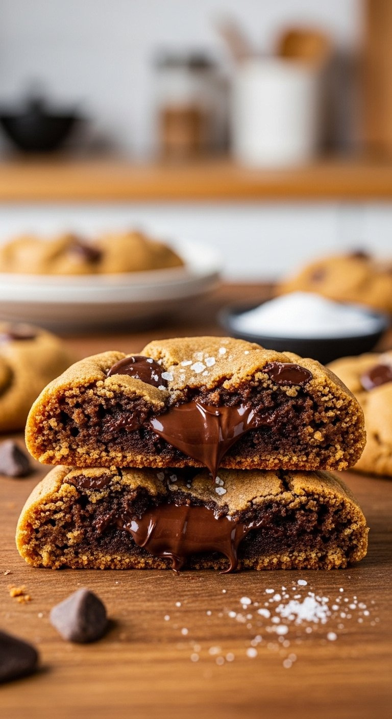 Freshly Baked Brown Butter Chocolate Chip Cookie Broken In Half Revealing Gooey Melted Chocolate Center And Sea Salt On Rustic Wooden Table.