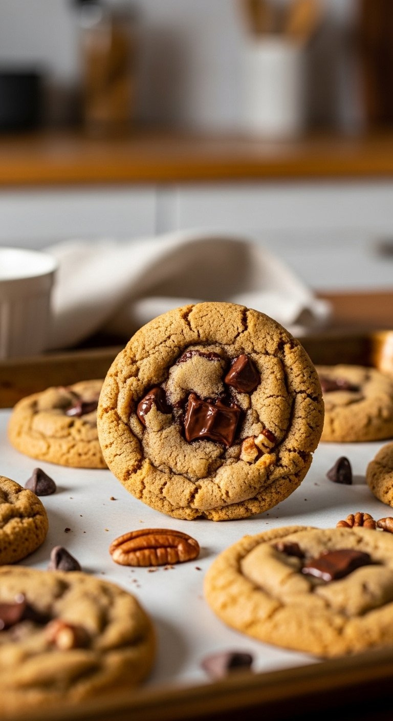Freshly Baked Brown Butter Pecan Chocolate Chunk Cookies With Golden Crispy Edges And Gooey Centers.