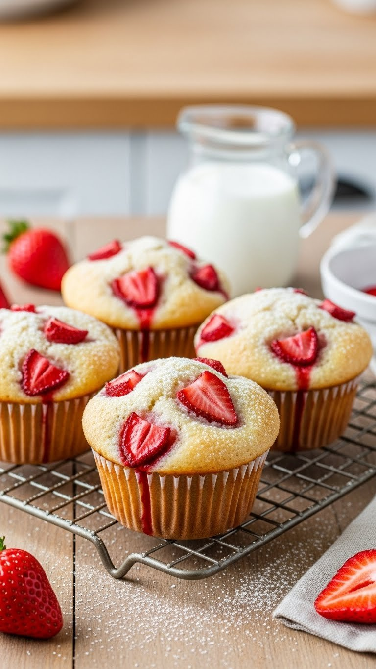 Freshly Baked Buttermilk Strawberry Muffins With Golden Tops, Red Strawberries, And Powdered Sugar On A Cooling Rack.