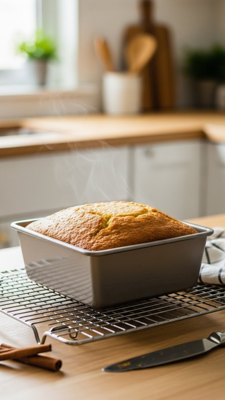 Freshly Baked Carrot Cake Cooling On Chrome Wire Rack With Golden-Brown Textured Surface And Subtle Steam