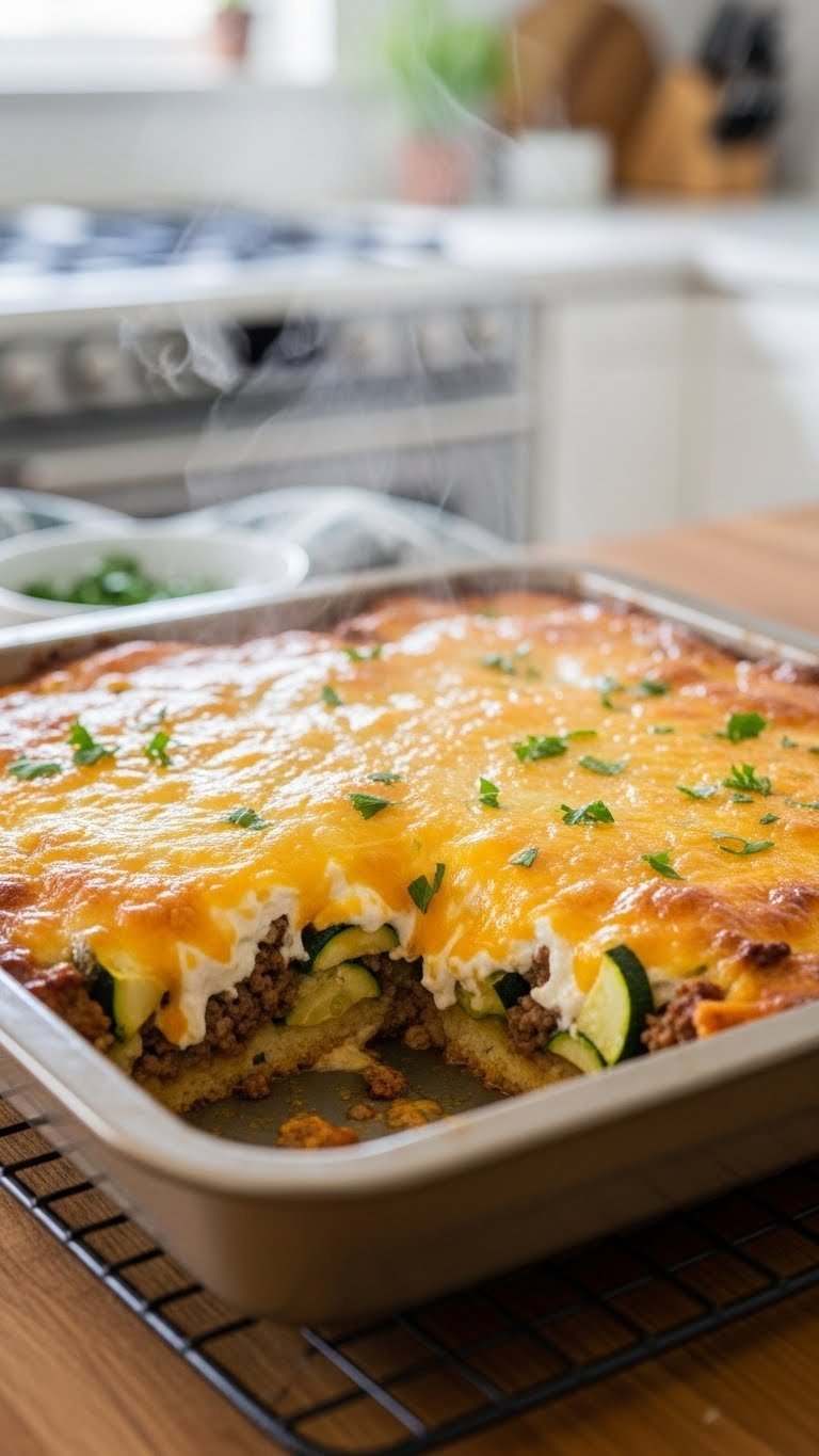 Freshly Baked Cheesy Zucchini Ground Beef Casserole With Golden Brown Bubbling Cheese Topping