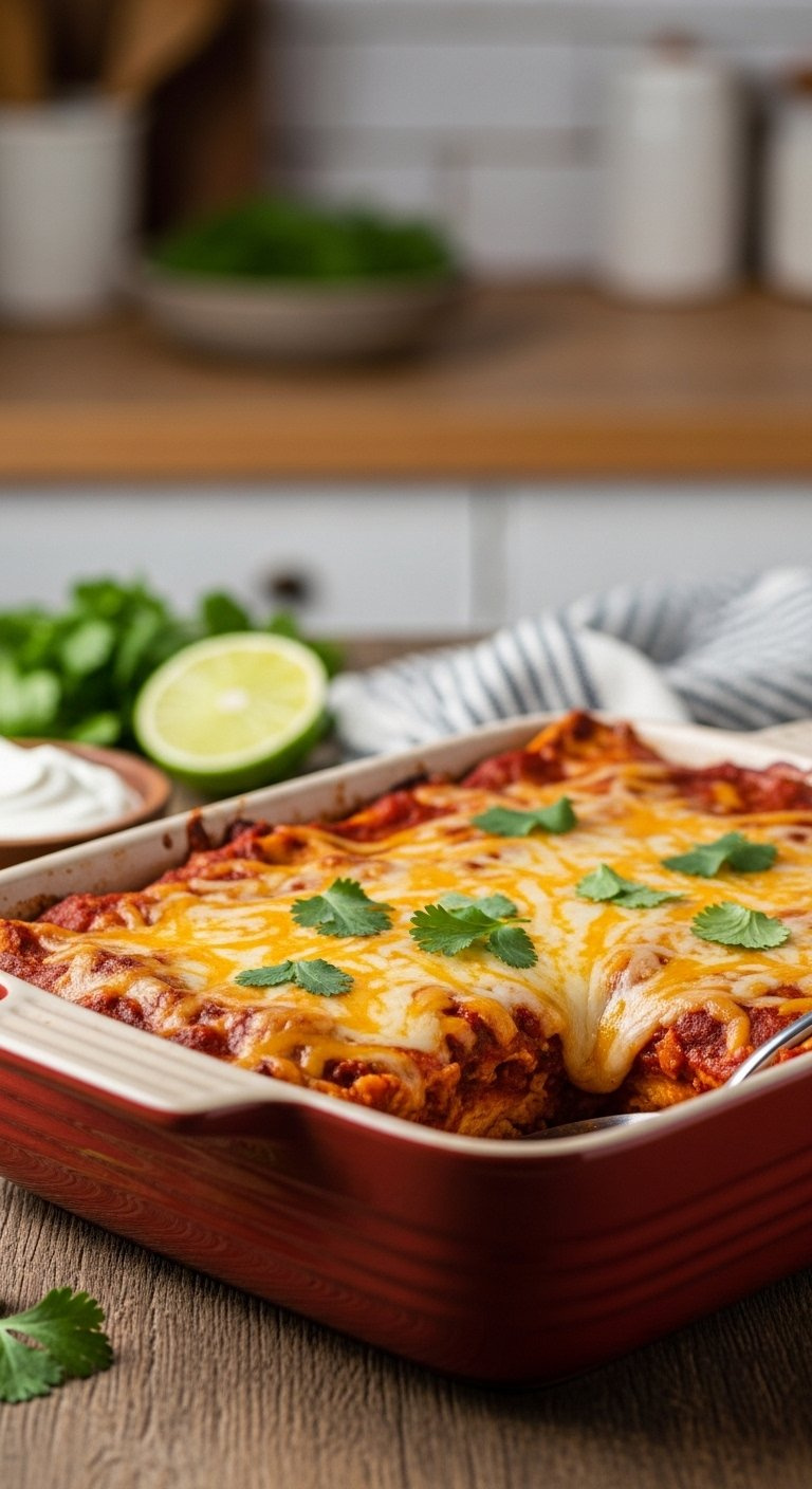 Freshly Baked Chicken Enchilada Casserole With Gooey Melted Cheddar Cheese And Fresh Cilantro Garnish In A Rustic Dish.