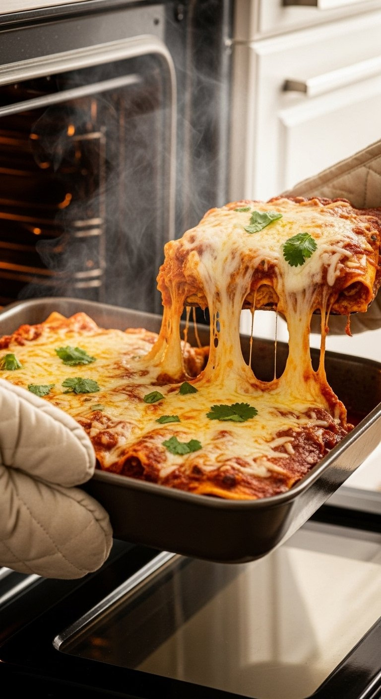 Freshly Baked Chicken Enchilada Casserole With Melted Bubbly Cheese Is Held In Oven Mitts.