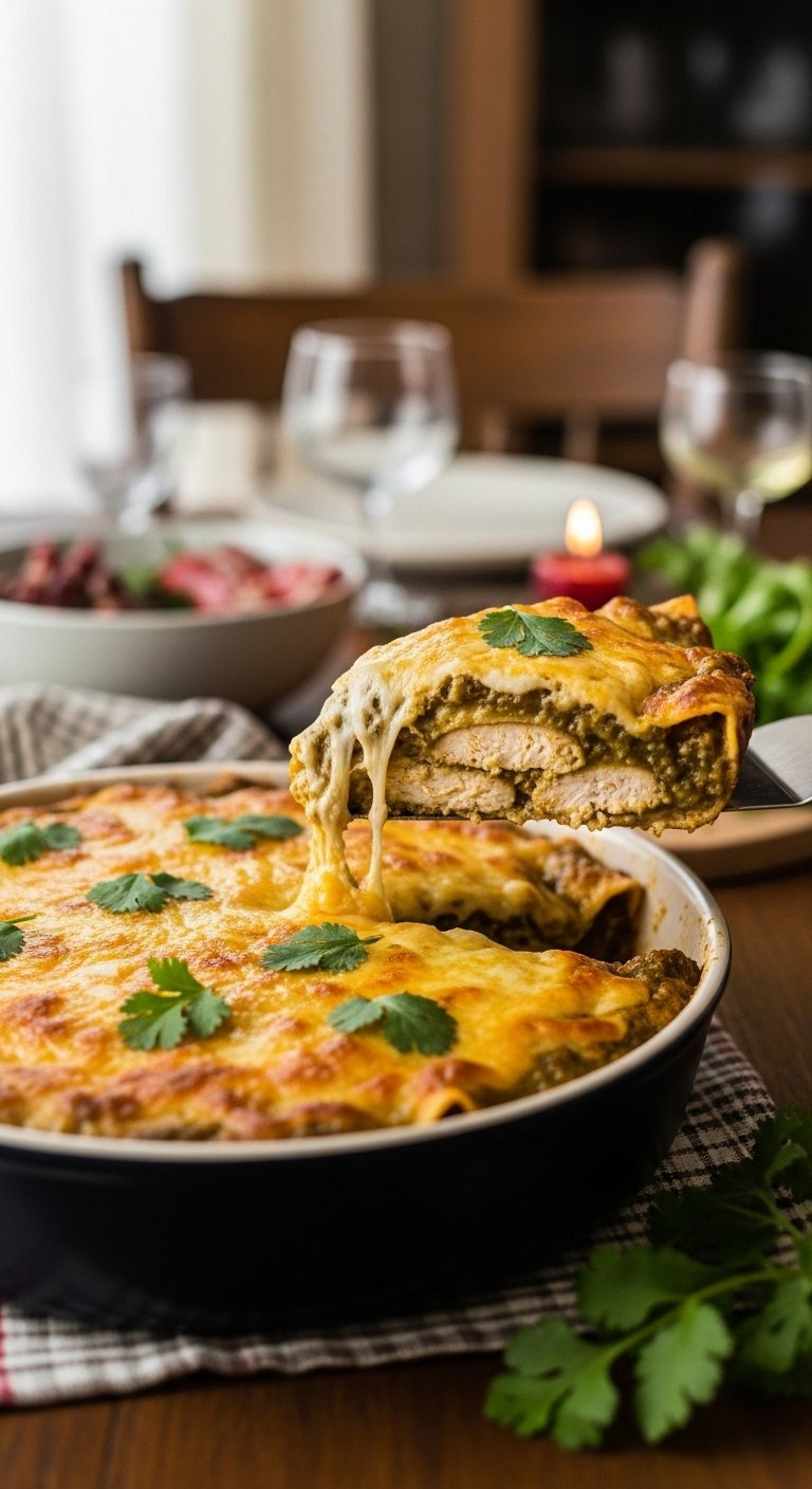 Freshly Baked Chicken Enchilada Casserole With Melted Cheese And Green Sauce Garnished With Fresh Cilantro.