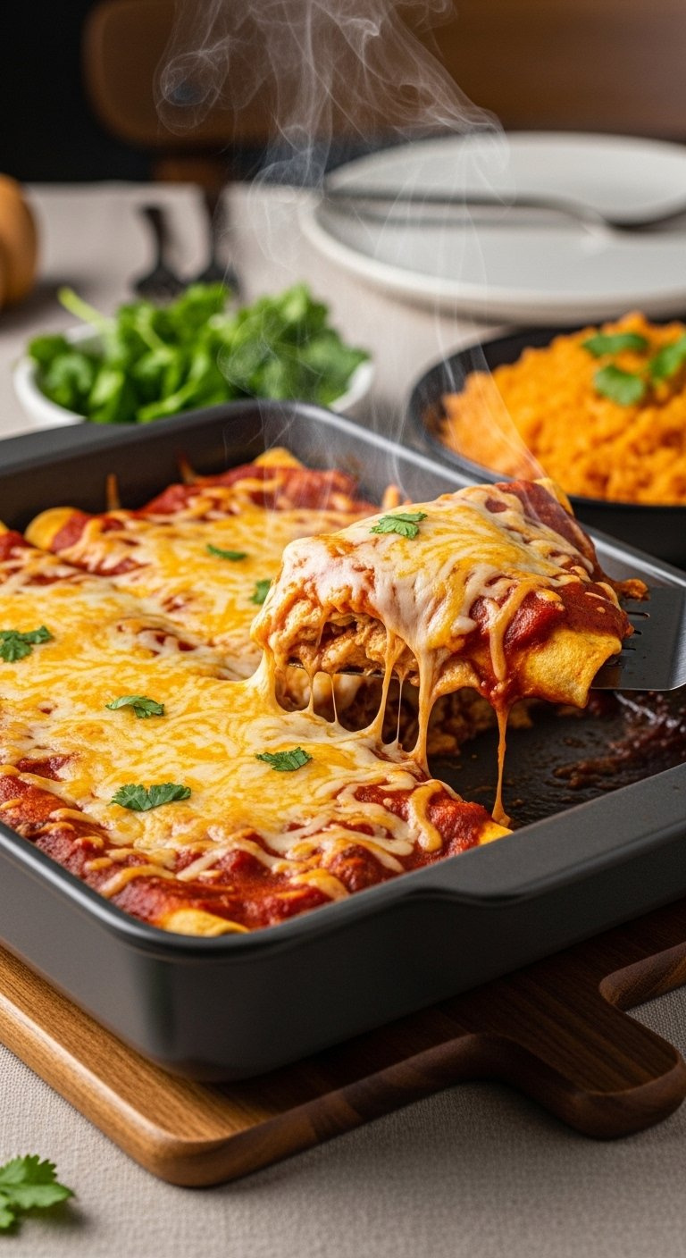 Freshly Baked Chicken Enchiladas In A 9X13 Dish Topped With Bubbly Golden Cheese And Rich Red Sauce On A Wooden Trivet.