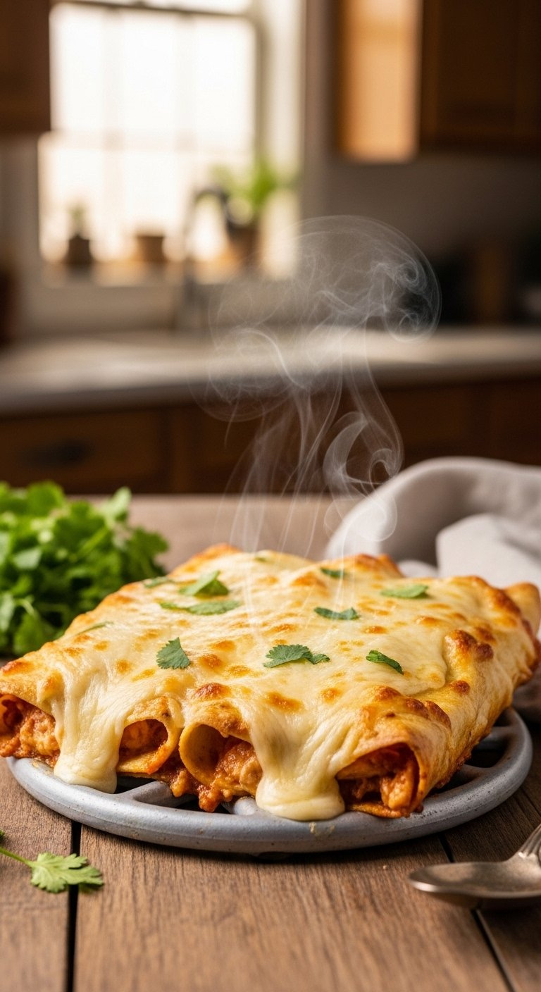 Freshly Baked Chicken Enchiladas With Bubbly Melted Cheese And Golden Brown Sauce Topping.