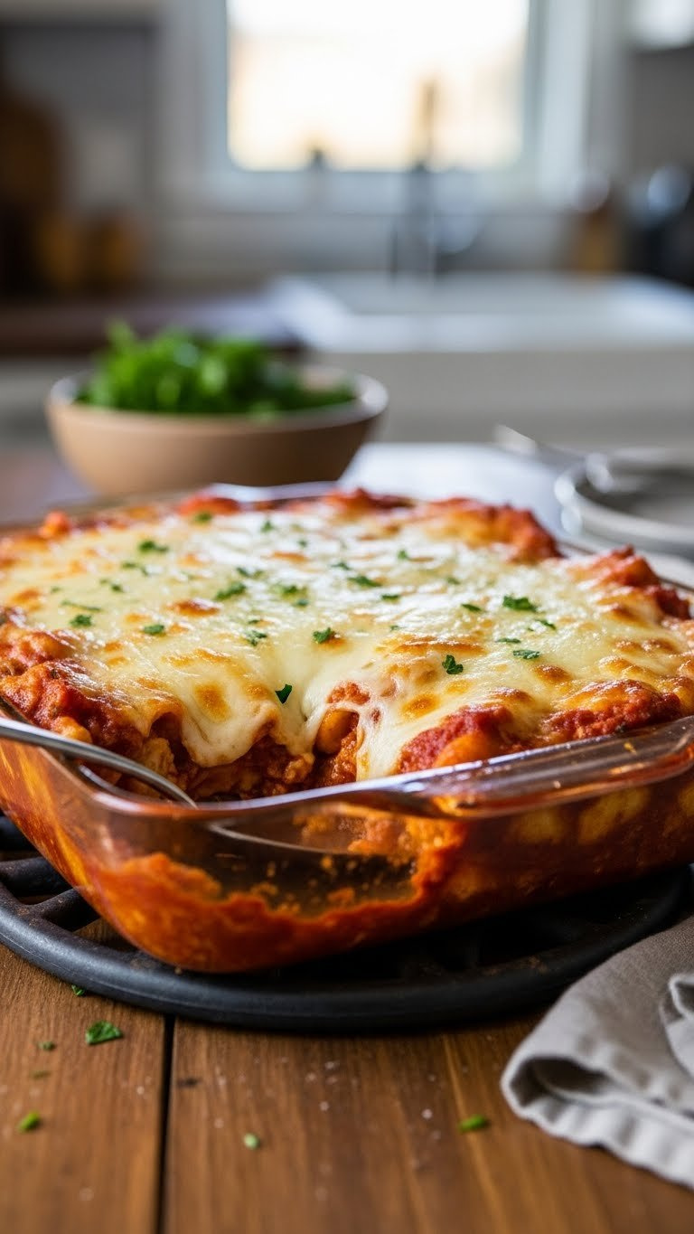 Freshly Baked Chicken Ziti Casserole With Golden Brown Bubbly Mozzarella Cheese Crust On Rustic Table