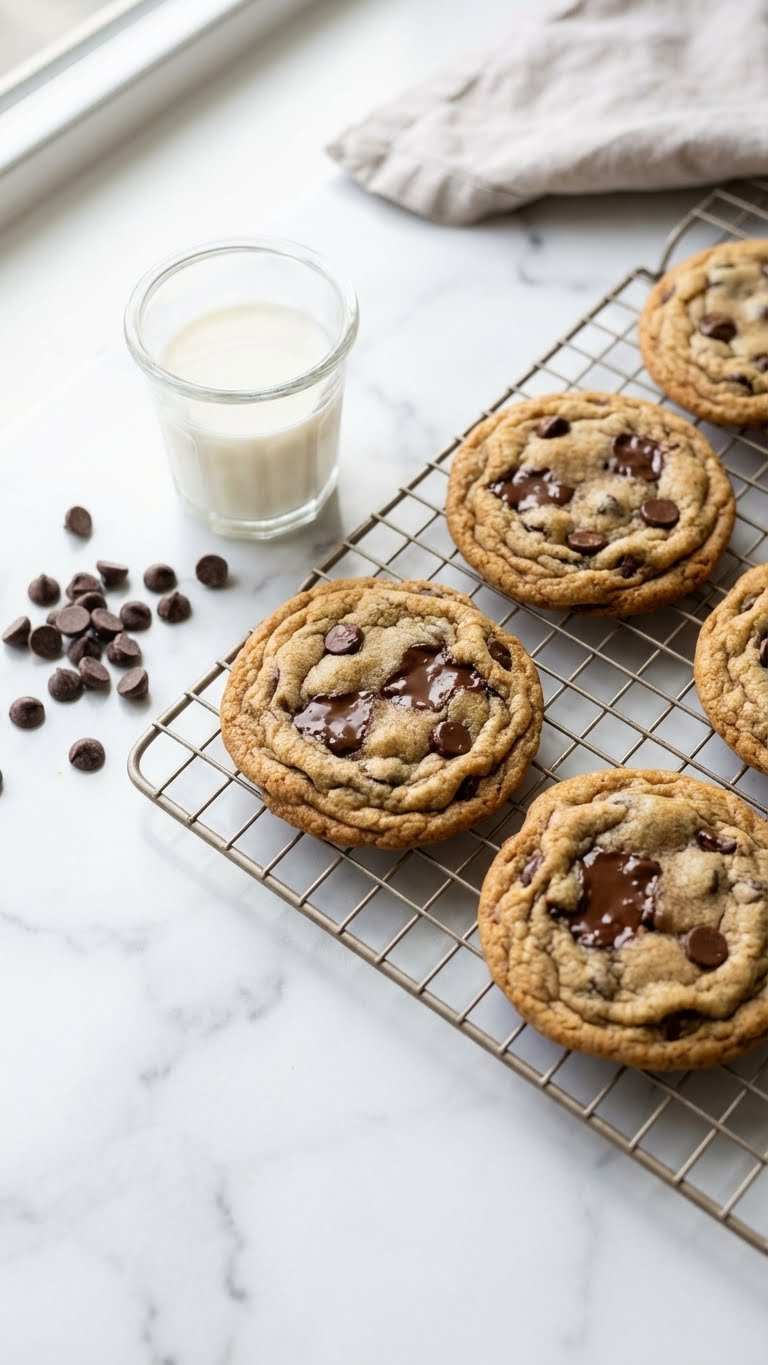 Freshly Baked Chocolate Chip Cookies On Cooling Rack, Marble Counter With Milk And Chips, Soft Natural Window Light.