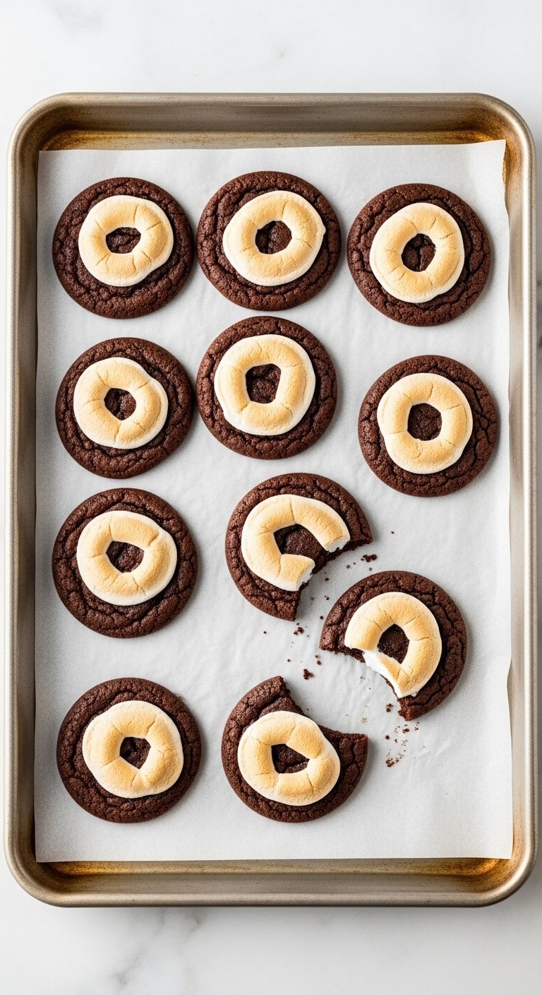 Freshly Baked Chocolate Marshmallow Swirl Cookies Cooling On Parchment Paper With One Lifted To Reveal The Clean Sheet.