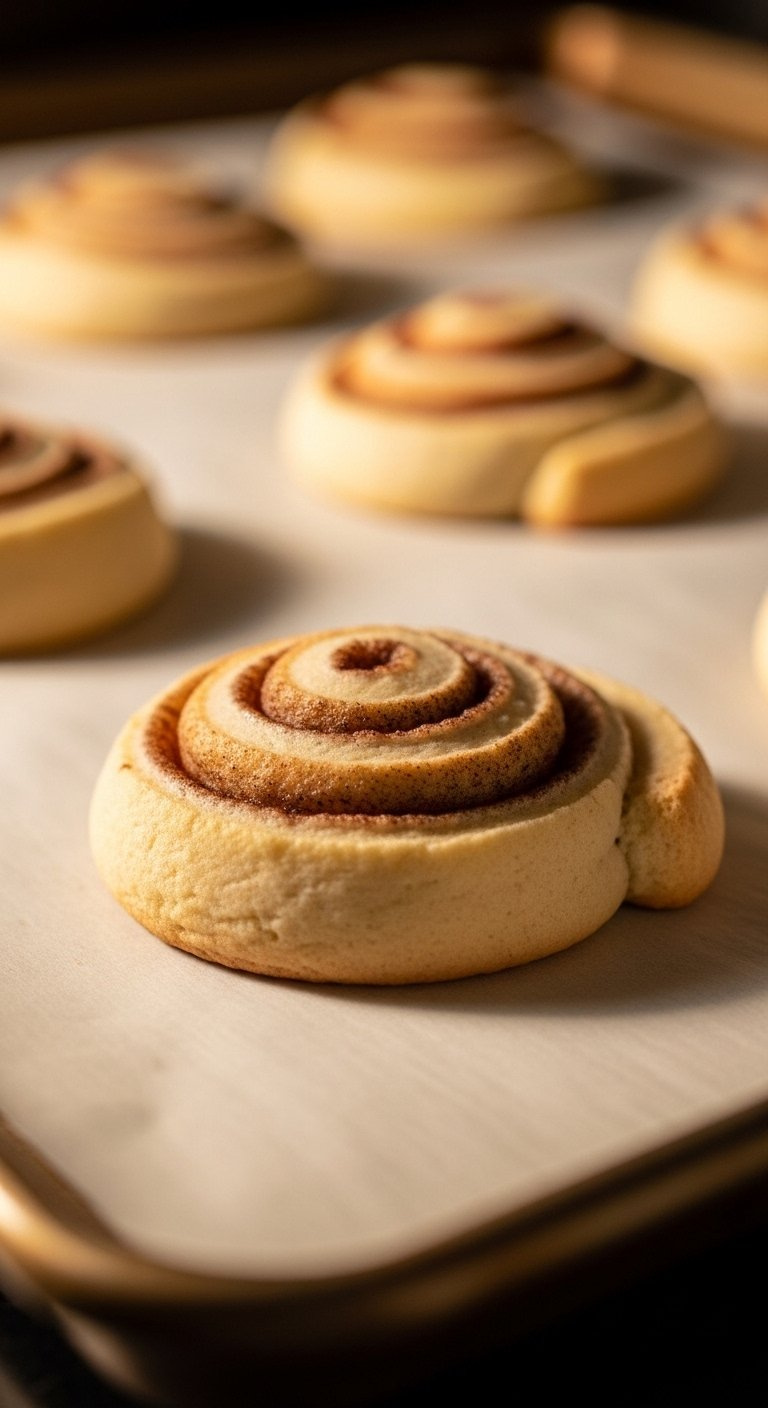Freshly Baked Cinnamon Roll Cookie With Soft Center And Visible Spiral On Baking Sheet.