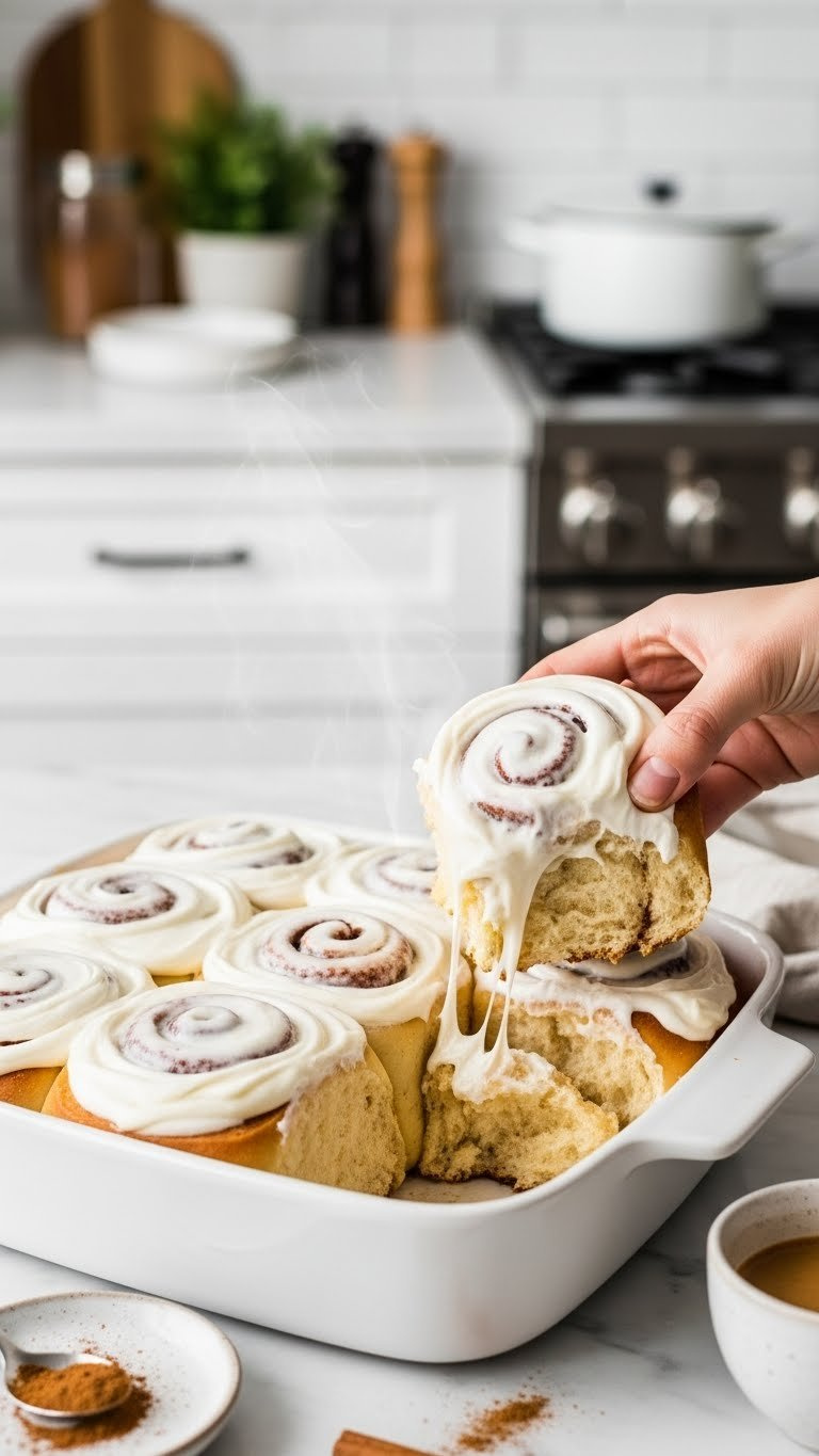 Freshly Baked Cinnamon Rolls With Thick Cream Cheese Frosting In A White Baking Dish On Marble Counter. Warm Sweet Breakfast Pastry.