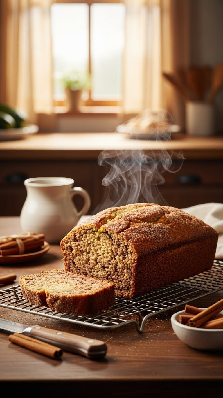 Freshly Baked Cinnamon Zucchini Bread Loaf Steaming On Cooling Rack With Golden Brown Crust