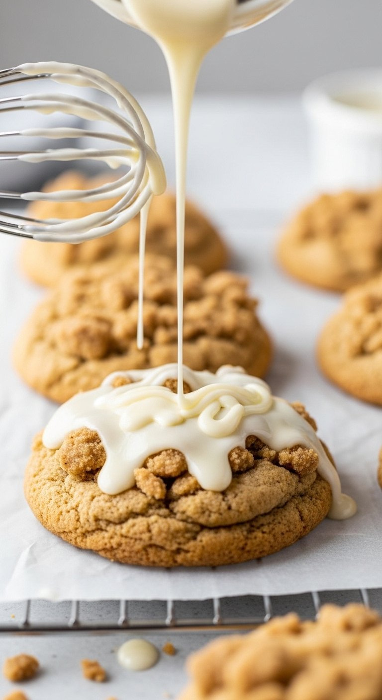 Freshly Baked Coffee Cake Cookie On A Wire Rack Being Drizzled With Glossy White Vanilla Glaze.
