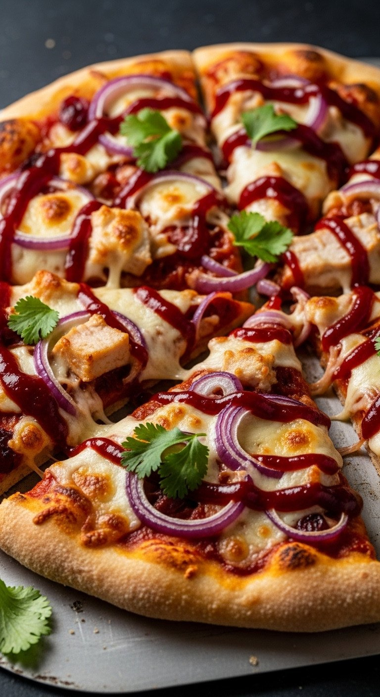 Freshly Baked Cranberry Bbq Turkey Pizza With Melted Cheese, Turkey, Red Onion, Cilantro, On A Pizza Peel.