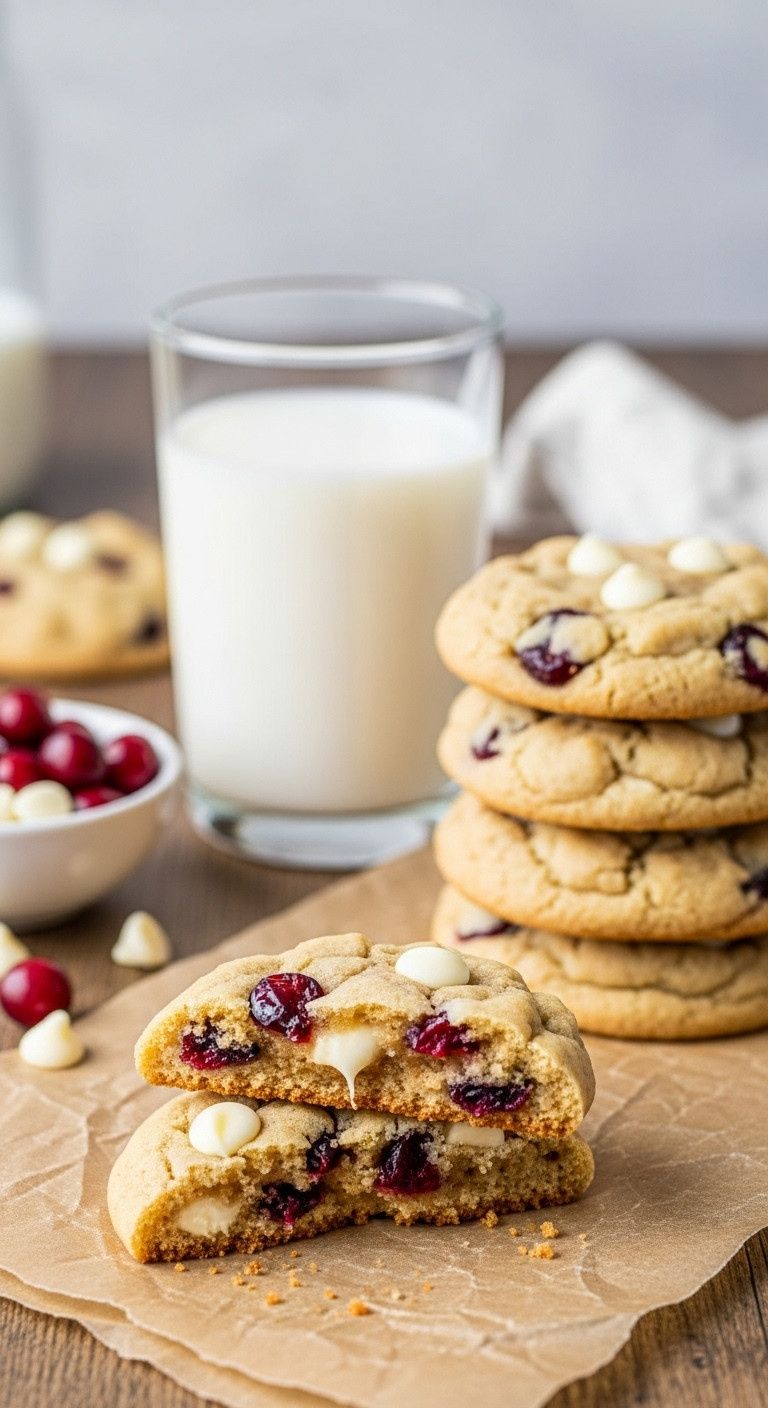 Freshly Baked Cranberry White Chocolate Chip Cookies, One Broken To Show Chewy Center, Next To A Glass Of Milk.