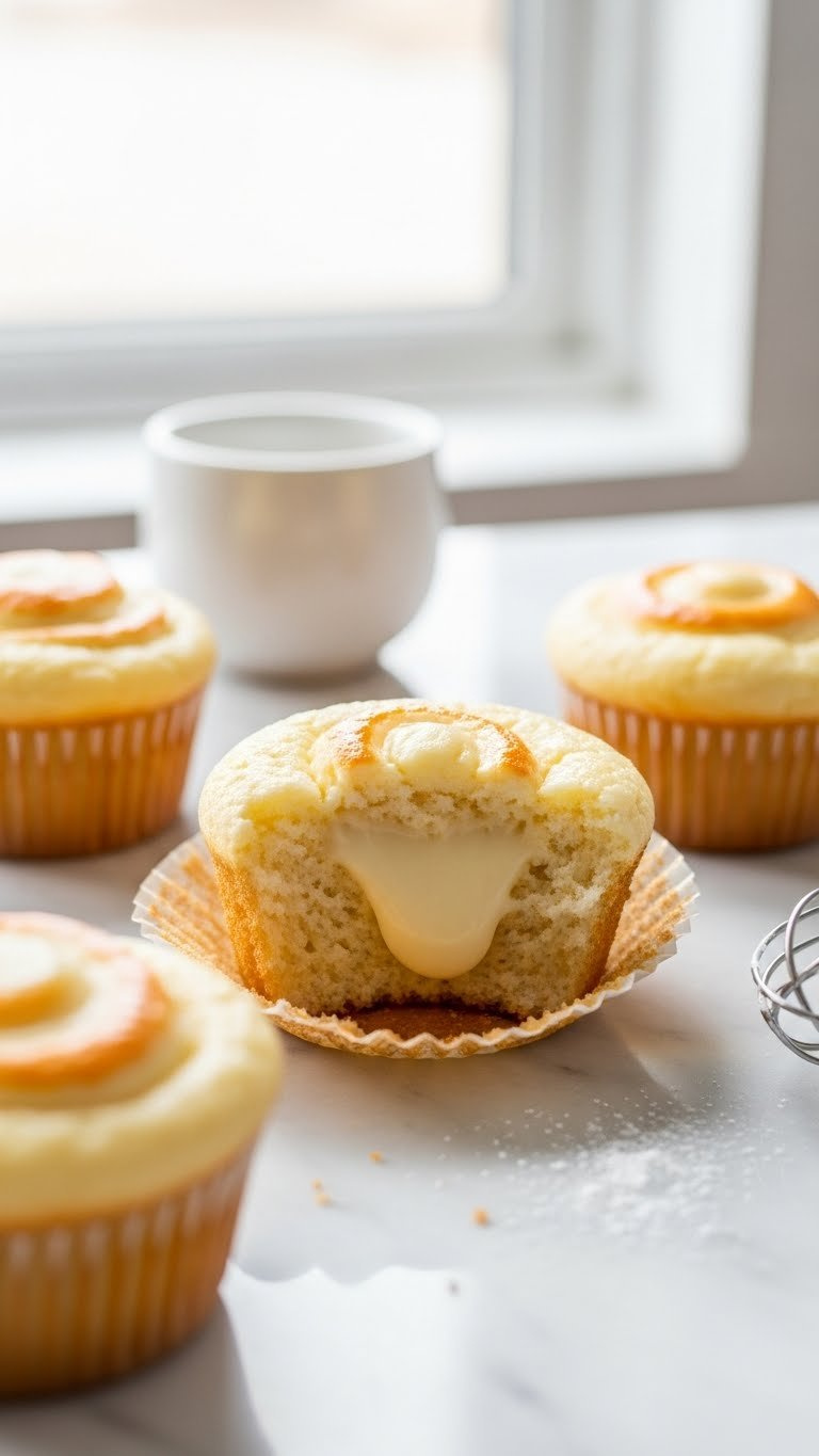Freshly Baked Cream Cheese Swirl Muffins, One Broken To Show Creamy Filling And Moist Cake. Powdered Sugar On Marble Counter, Bright Daylight. Delicious Breakfast Treat.