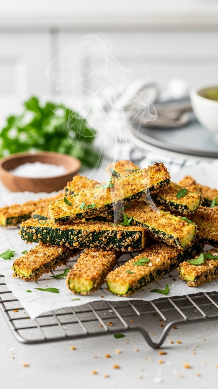 Freshly Baked Crispy Zucchini Fries Steaming On Cooling Rack With Golden Brown Breading Texture