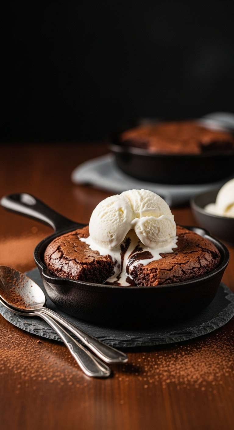 Freshly Baked Fudgy Brownie In A Cast-Iron Skillet Topped With Melting Vanilla Ice Cream.