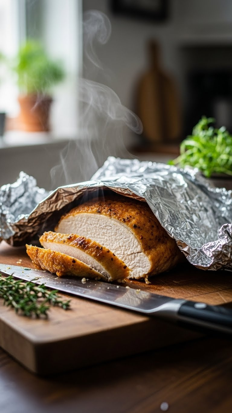 Freshly Baked Gluten-Free Chicken Breast Resting On Wooden Cutting Board With Foil Tent And Chef's Knife Ready For Slicing.