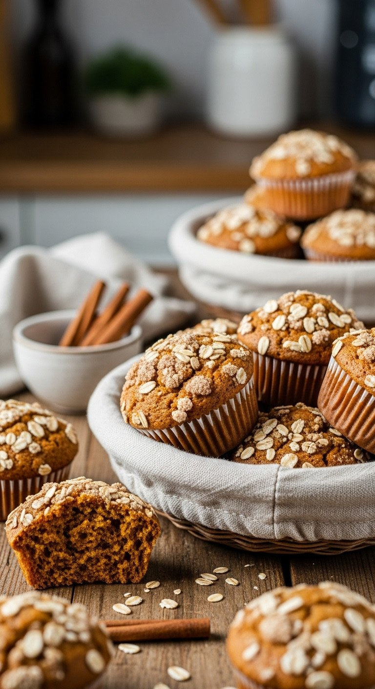 Freshly Baked Gluten-Free Pumpkin Muffins With Cinnamon Sugar Streusel In A Basket, Rustic Wood Table, Cozy Fall Dessert.