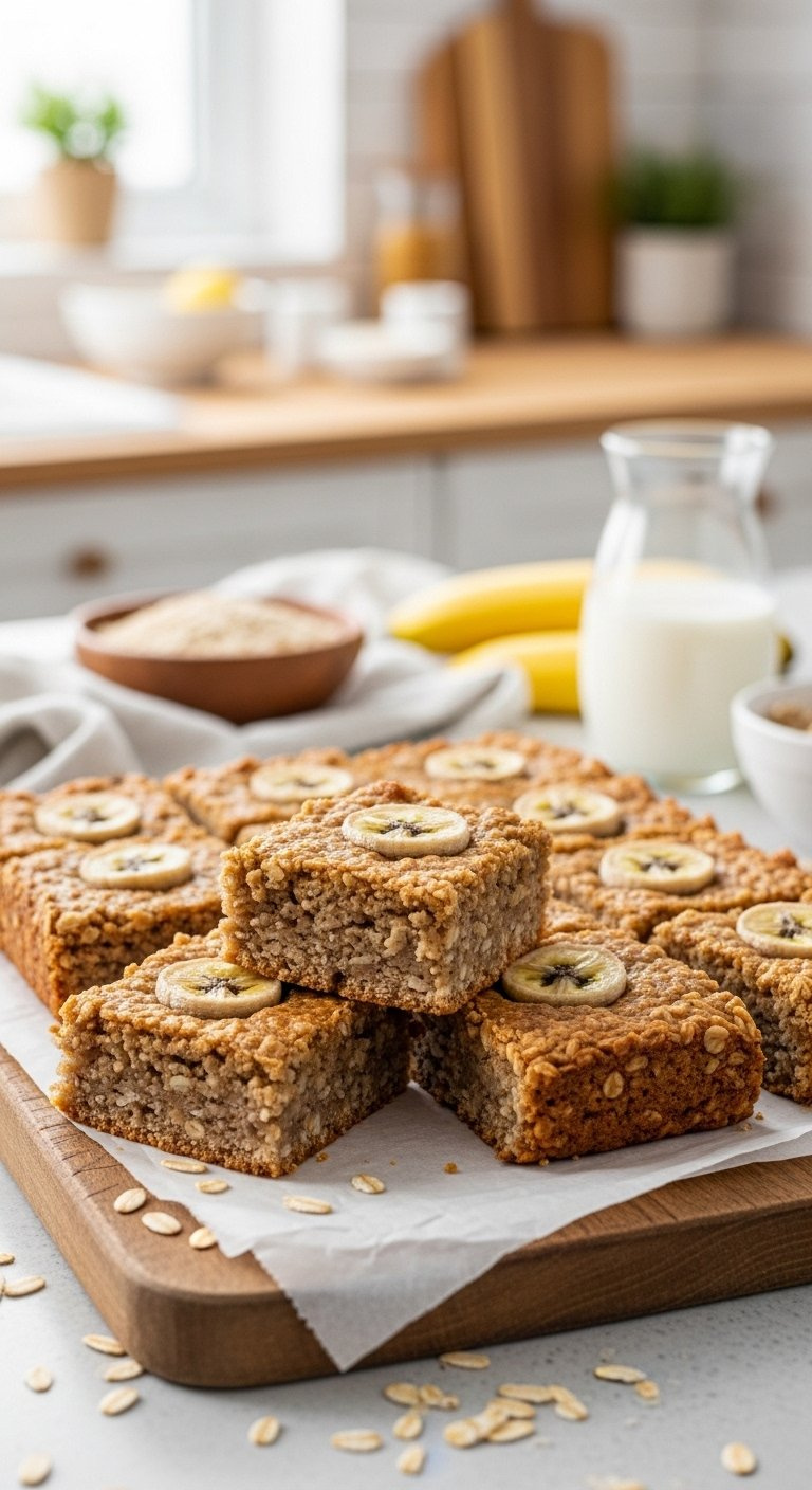 Freshly Baked Golden Banana Oatmeal Bars Cut Into Squares On Rustic Wooden Board With Blurred Kitchen Background.