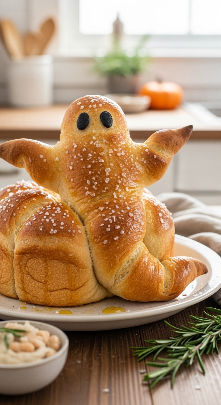 Freshly Baked Golden-Brown Ghost Fougasse Bread On A Rustic Wooden Table With White Bean Dip And Rosemary In Soft Natural Light