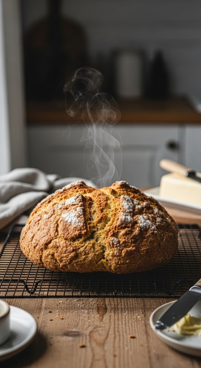 Freshly Baked Golden-Brown Irish Soda Bread On Black Wire Cooling Rack. Steam Rises From Cross. Rustic Table, Butter Dish.