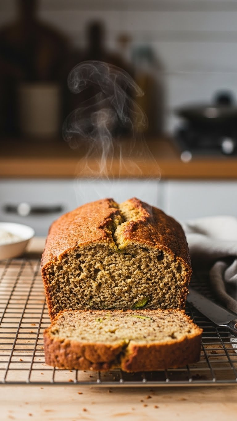 Freshly Baked Golden Brown Almond Flour Zucchini Bread Cooling On Wire Rack With Visible Spice Specks