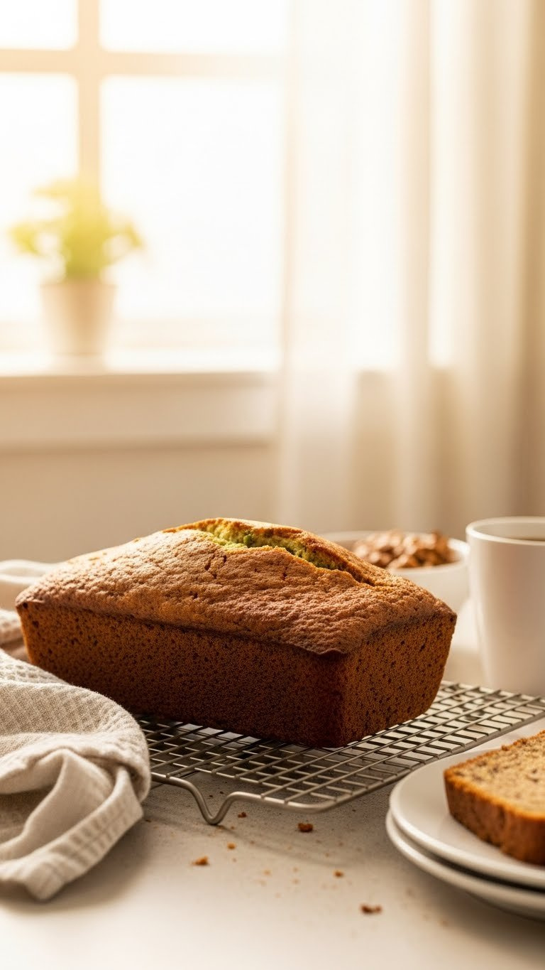 Freshly Baked Golden Brown Banana Zucchini Bread Loaf Cooling On Wire Rack In Sunlit Kitchen