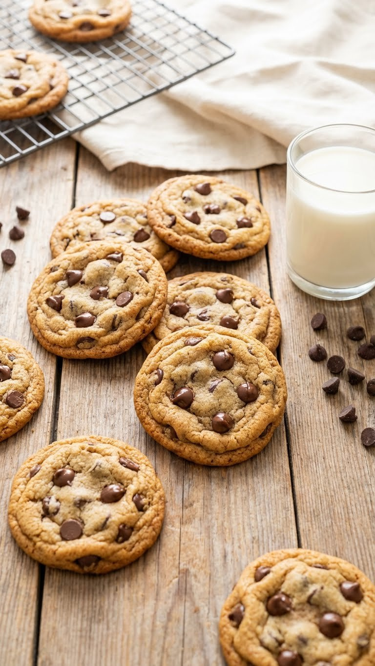 Freshly Baked Golden-Brown Chocolate Chip Cookies With Melted Chips, A Glass Of Milk, And A Cooling Rack On A Rustic Table.