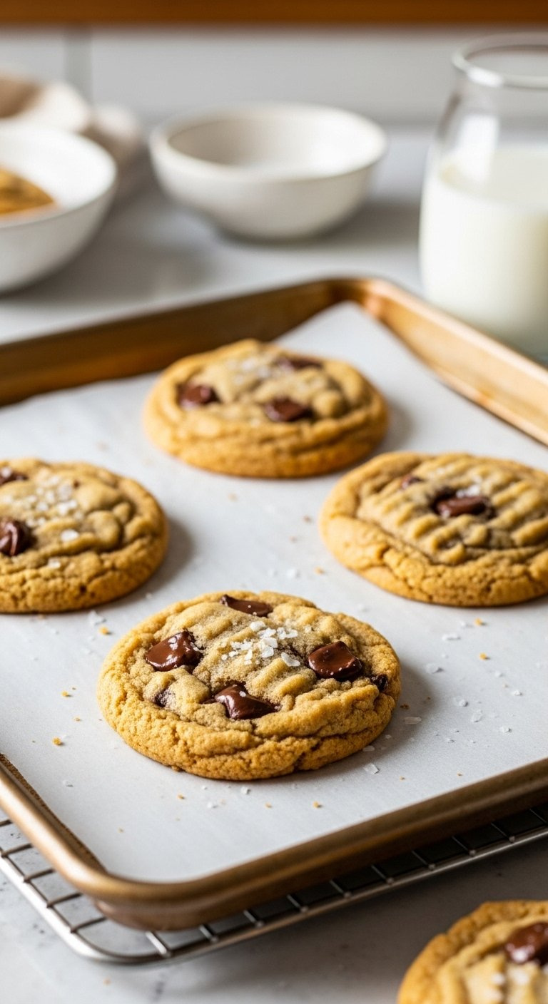 Freshly Baked Golden Brown Chocolate Chip Cookies With Sea Salt On A Parchment-Lined Baking Sheet Cooling On A Wire Rack.
