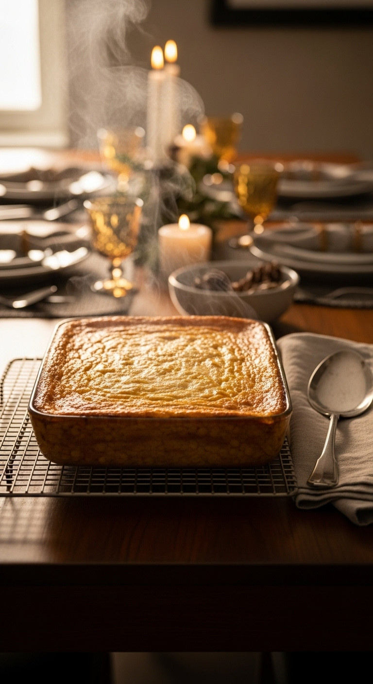 Freshly Baked, Golden-Brown Corn Casserole Resting On A Wire Cooling Rack On A Dark Wood Table, Steam Rising.