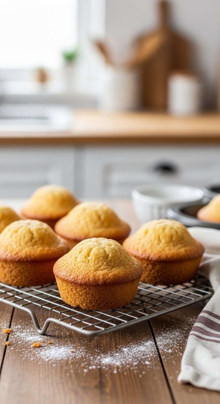 Freshly Baked Golden-Brown Cupcake Bases Cooling On A Wire Rack Over A Rustic Wooden Table.
