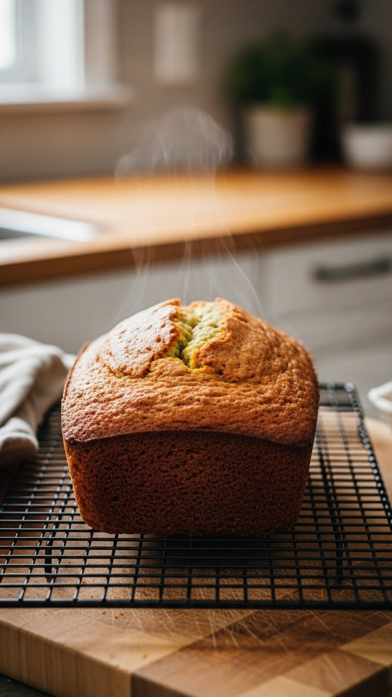 Freshly Baked Golden Brown Eggless Zucchini Bread Loaf Cooling On Wire Rack