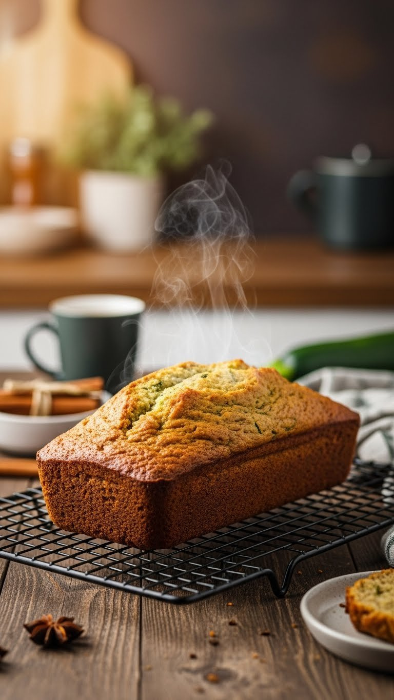 Freshly Baked Golden-Brown Keto Zucchini Bread Cooling On Wire Rack With Visible Steam Rising