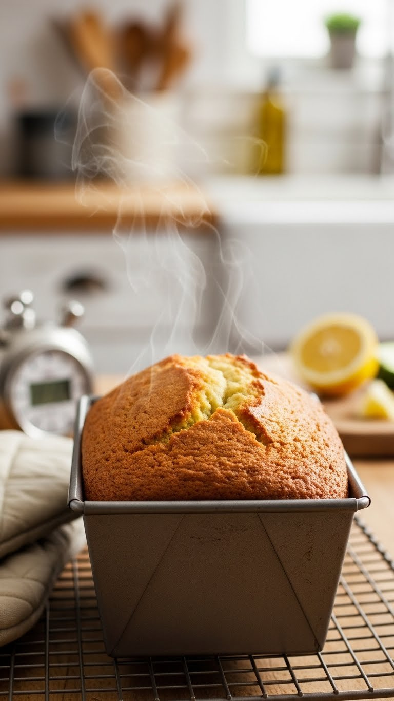 Freshly Baked Golden Brown Lemon Zucchini Bread Loaf Steaming In Metal Pan On Wire Cooling Rack