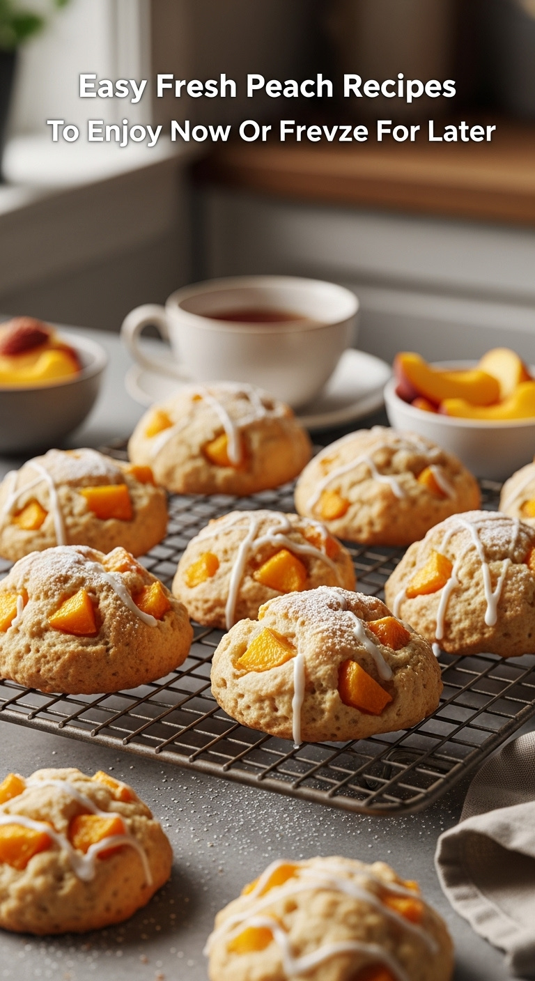 Freshly Baked Golden-Brown Peach Scones With Visible Peach Chunks On A Rustic Cooling Rack