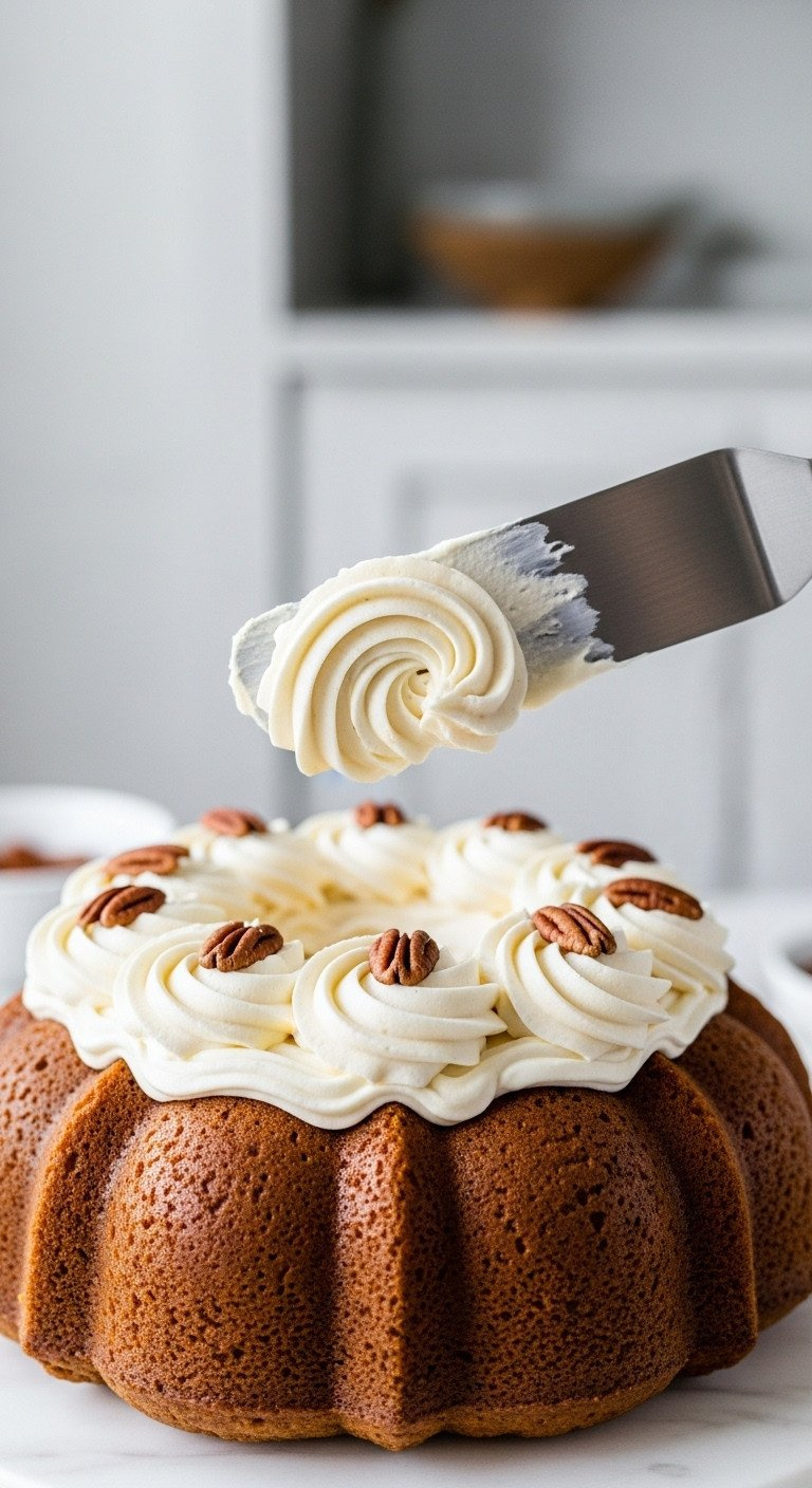 Freshly Baked Golden-Brown Pumpkin Bundt Cake On A Cooling Rack, Steam Rising, On A Rustic Autumn Table With Plaid Napkin.