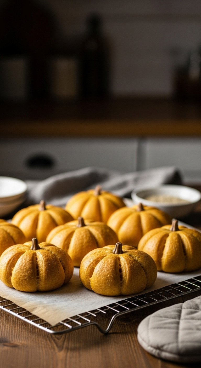 Freshly Baked Golden Brown Pumpkin-Shaped Dinner Rolls On A Cooling Rack, Rustic Wooden Table, Warm Golden Hour Light.